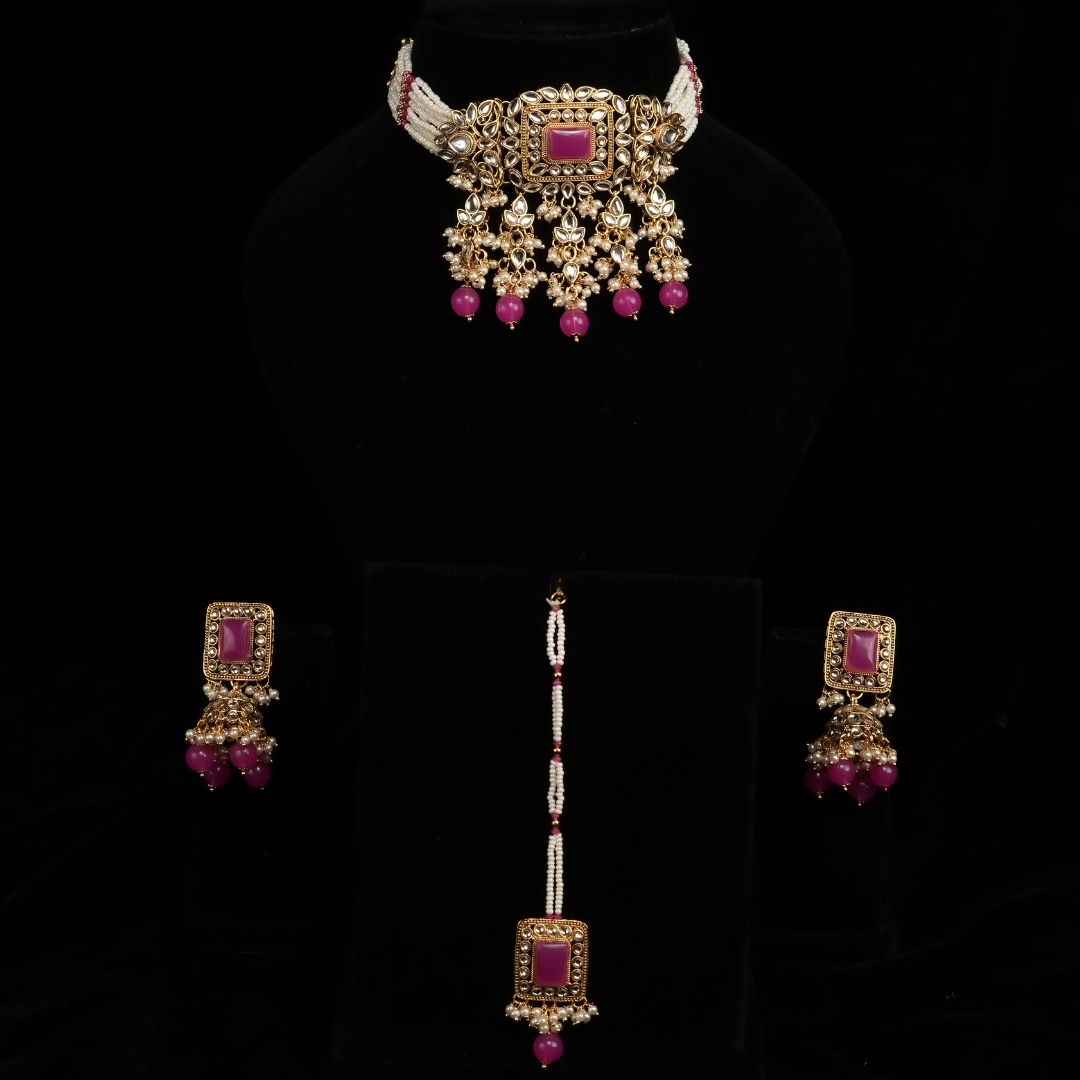 pearl strings traditional choker set with pink stones