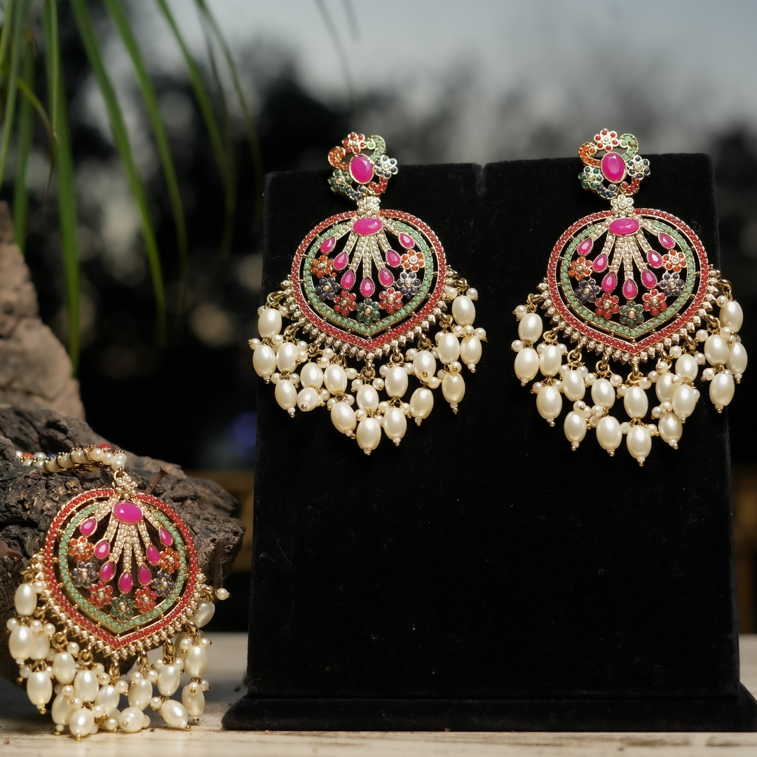 peacock inspired colourful earrings and tikka set with hanging pearls for mehendi function