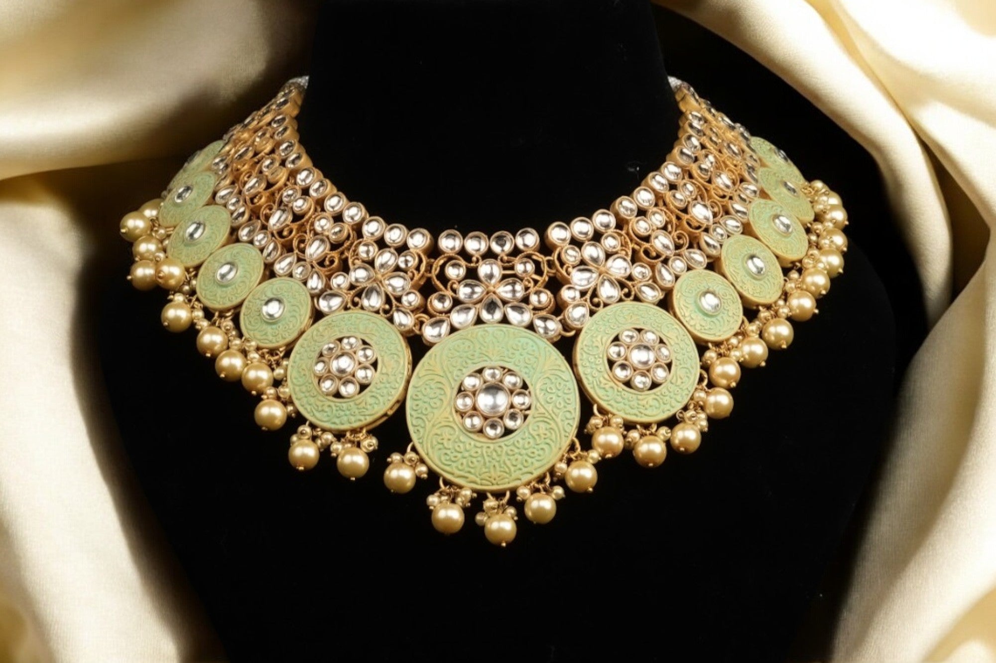 A bronze and lime green kundan necklace set with intricate detailing and multiple round embellishments