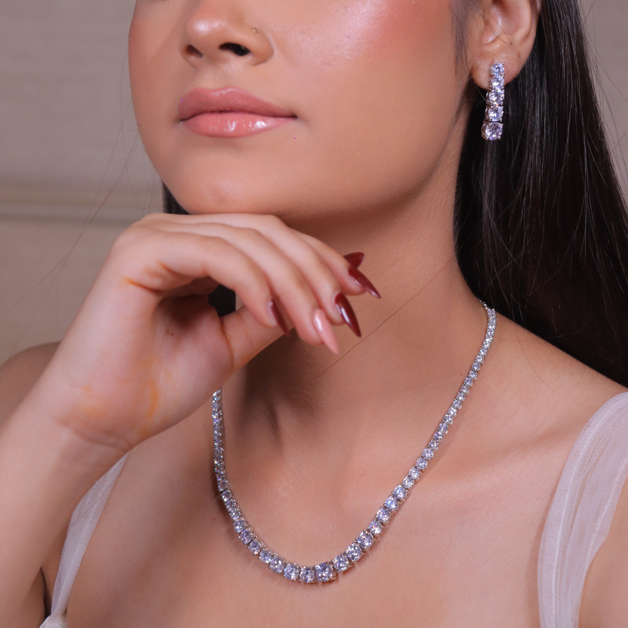 silver tennis diamond necklace set with earrings