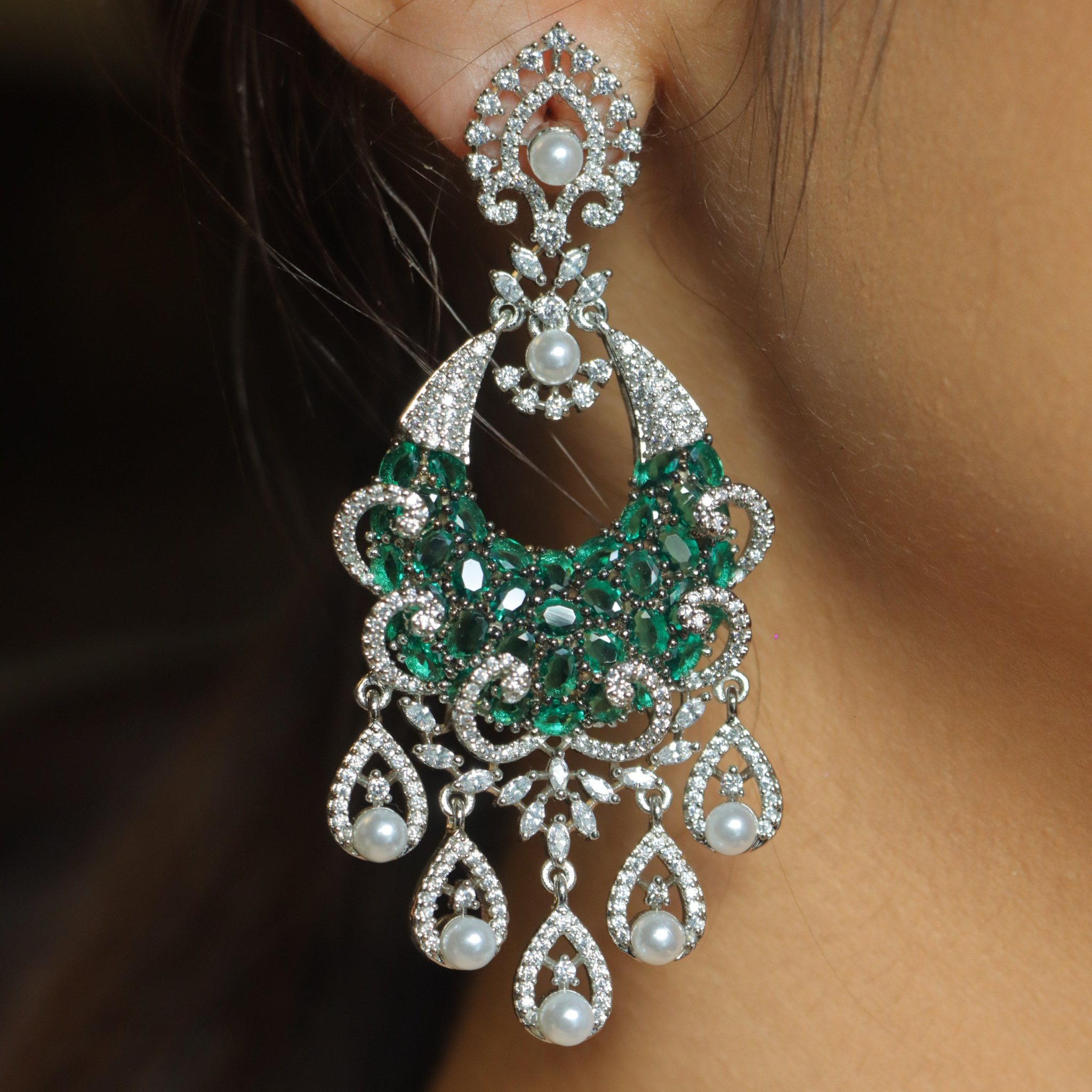 formal cocktail earrings with emerald accents and tiny pearls