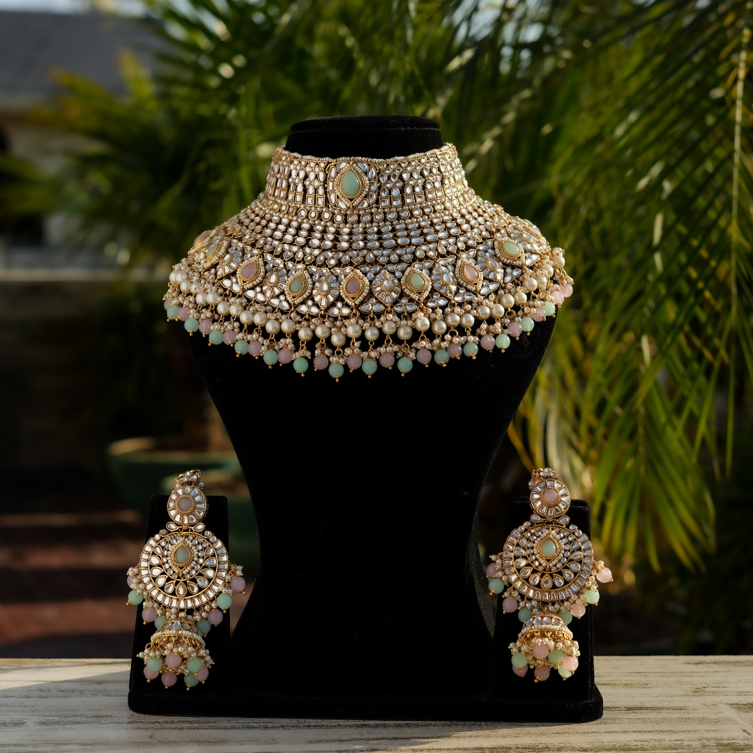 mist pink and ocean blue mini bridal set consisting of a detailed choker-style necklace and matching earrings