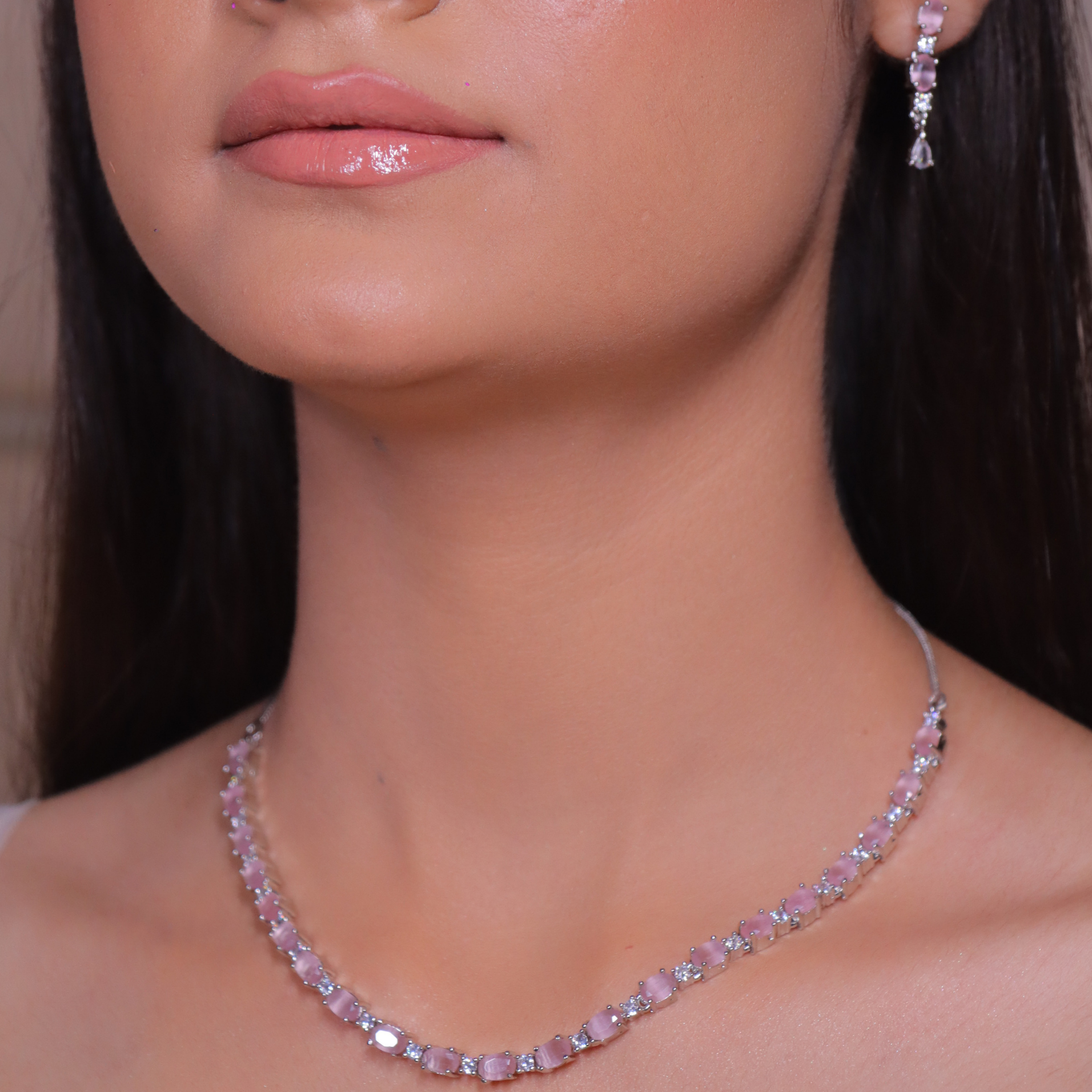 baby pink stones with diamond accents necklace and earrings set