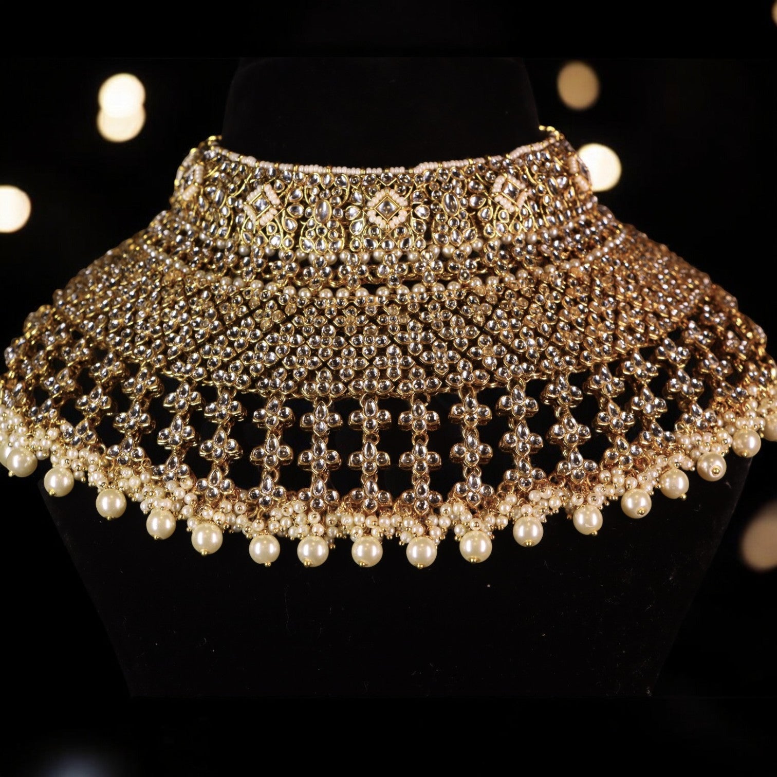 royal golden and white pearls kundan bridal necklace set