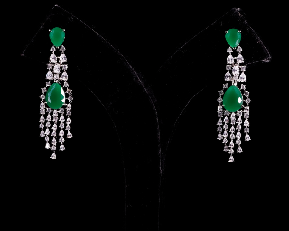 Pair of emerald green and diamond earrings