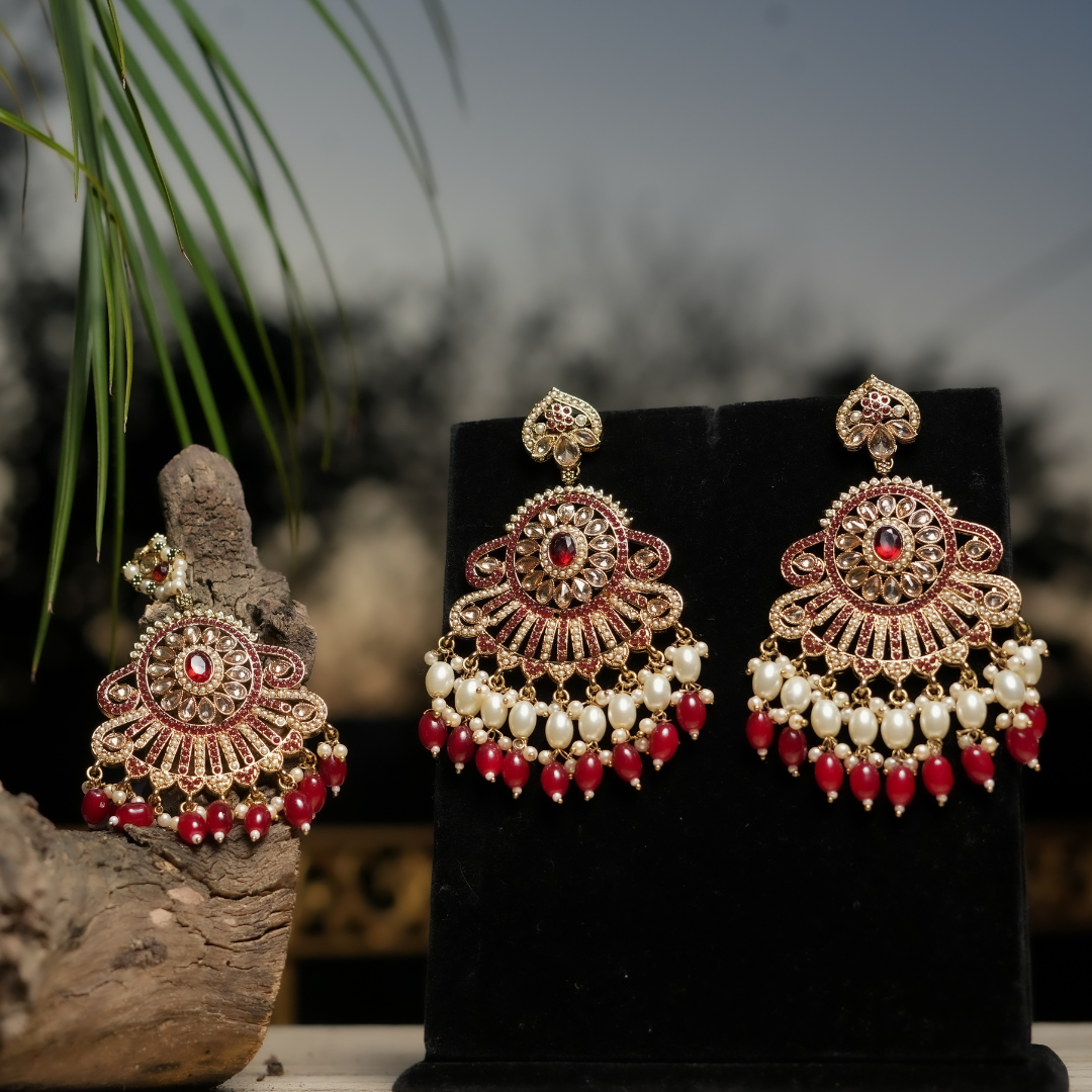 set of cherry red earrings and tikka for mehendi with white and red hanging pearls