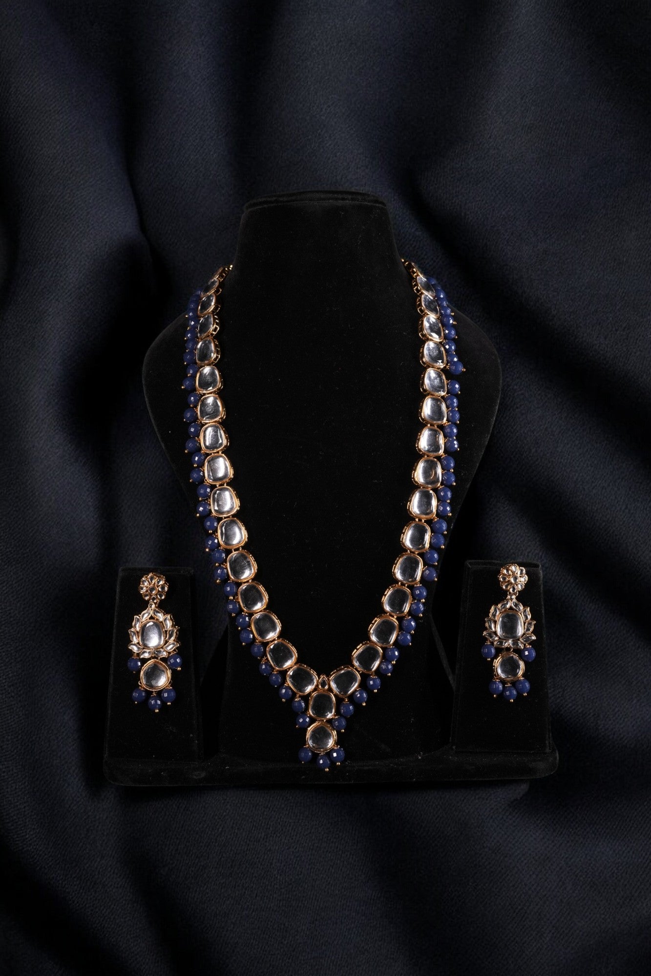 long kundan necklace set in blue stones