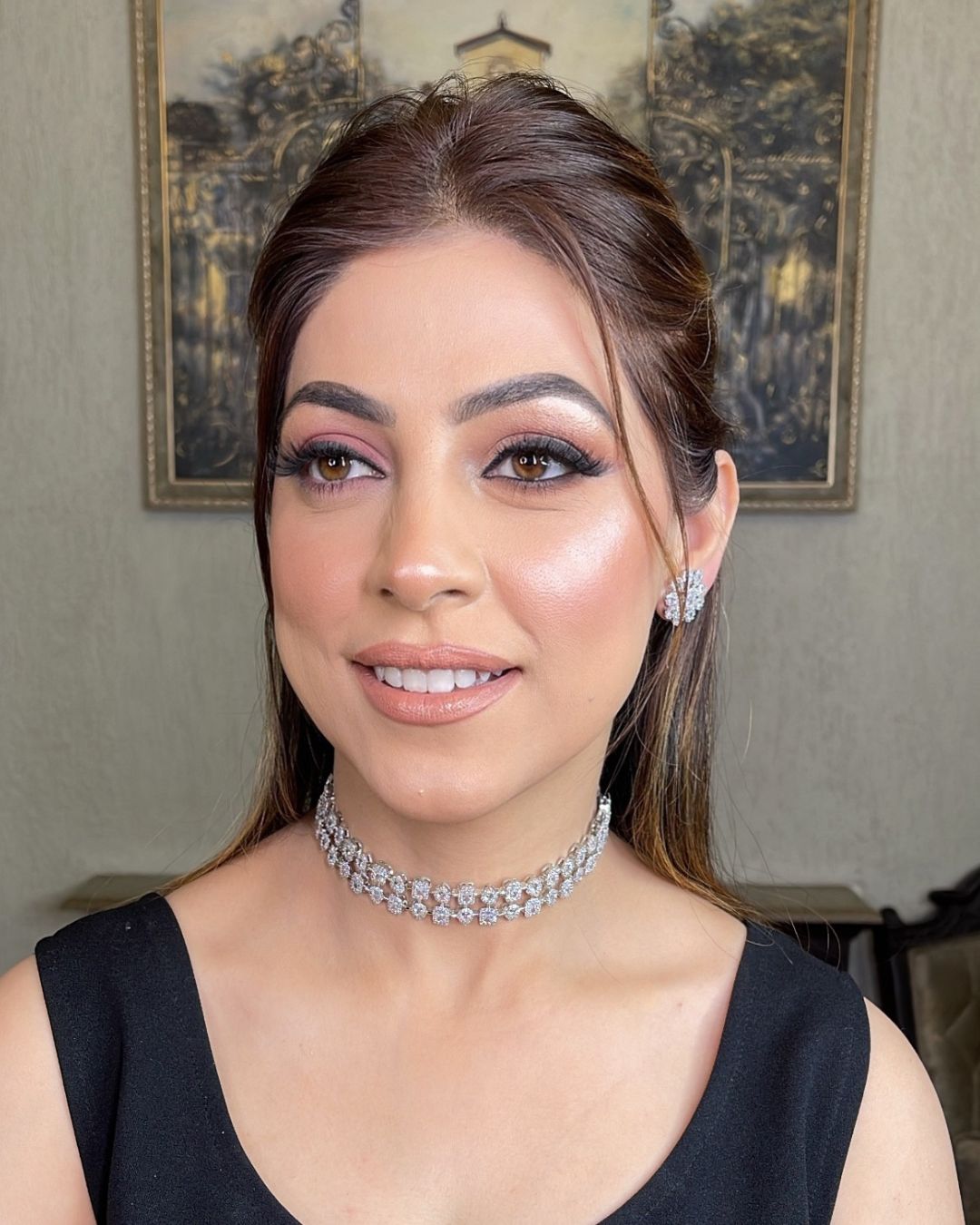 double string diamond choker set with floral diamond earrings