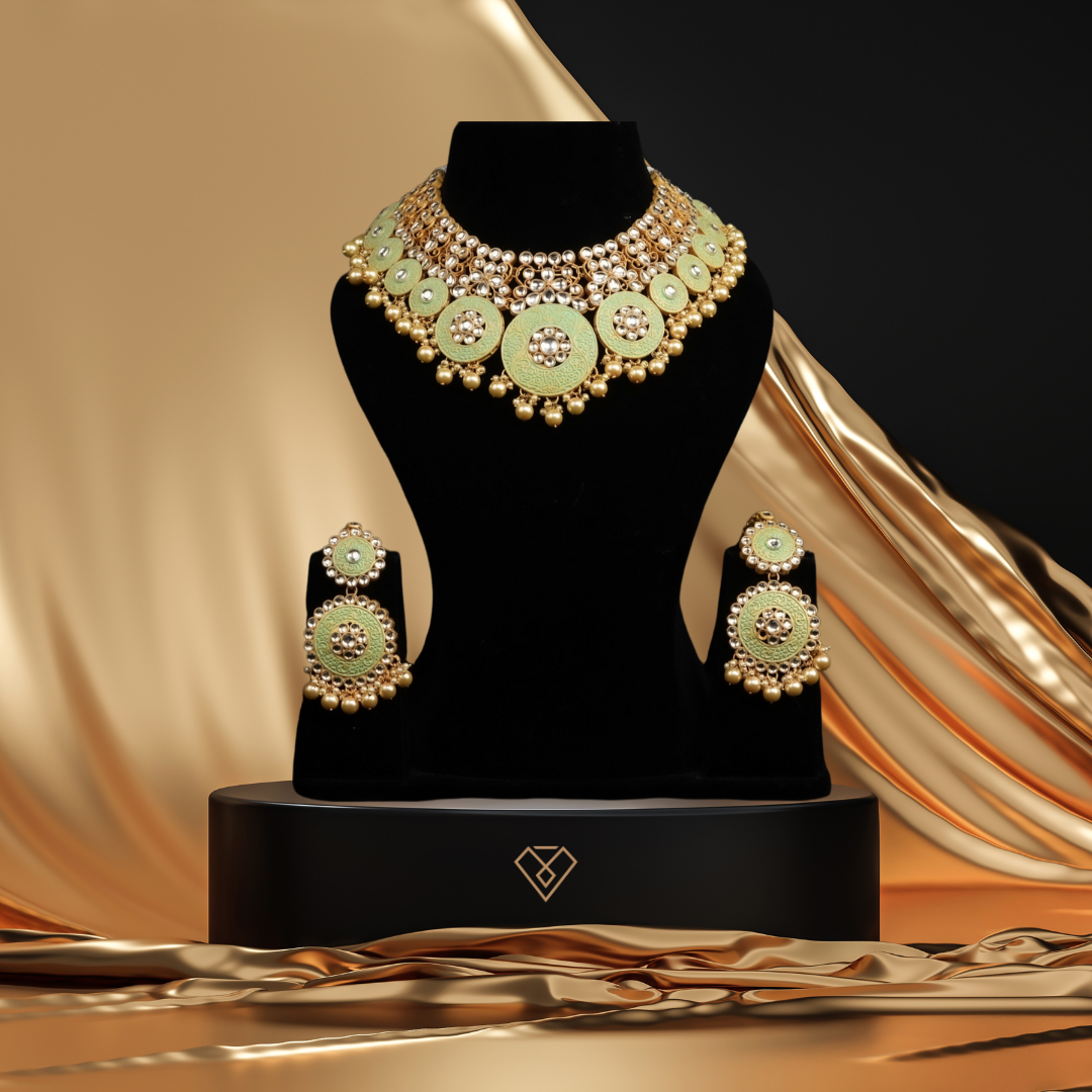 lime green and gold kundan necklace set