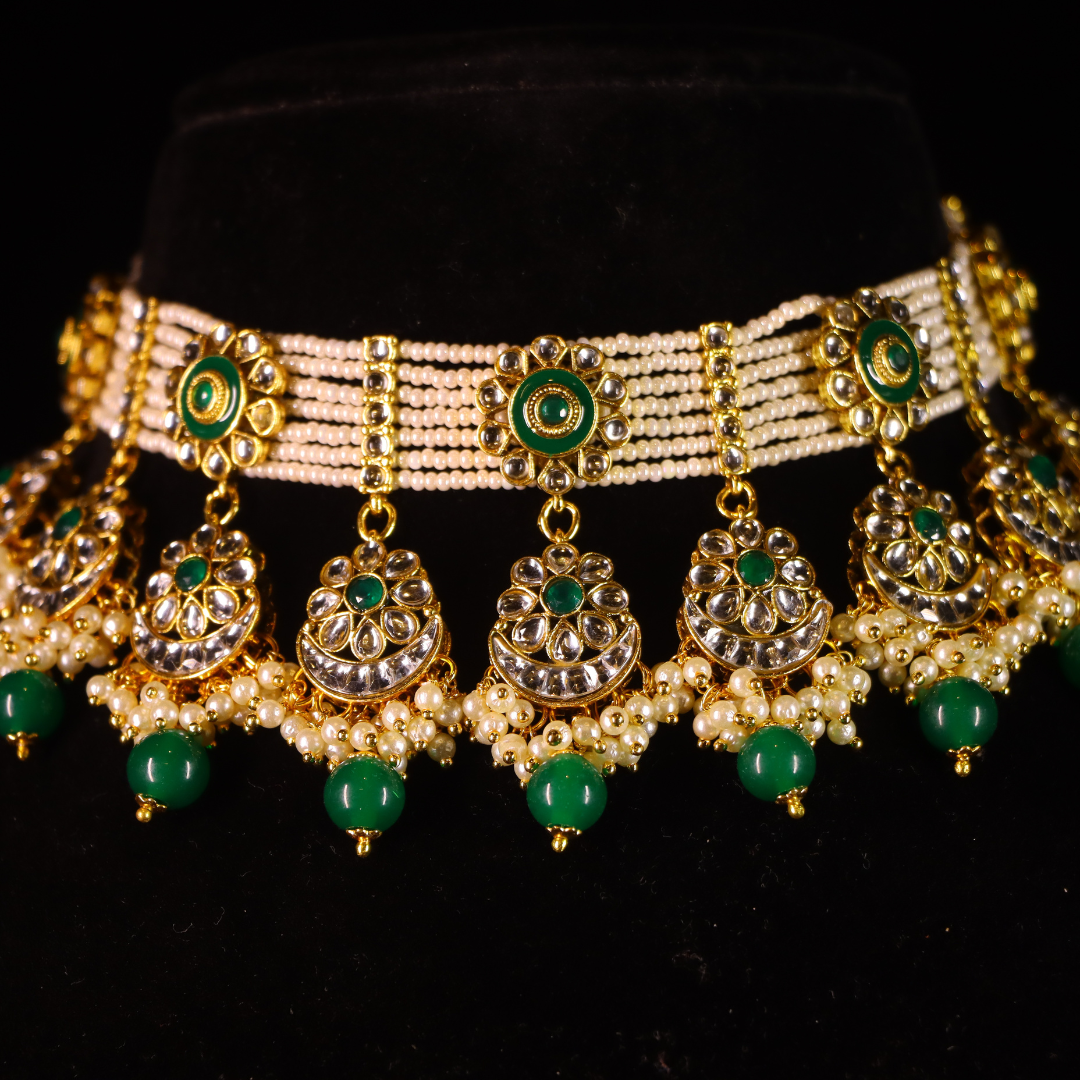 "AMIRA" Ivory Moss Kundan Choker Set