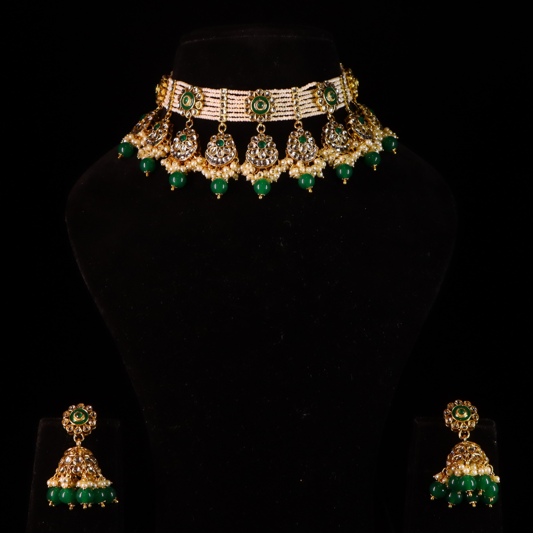 "AMIRA" Ivory Moss Kundan Choker Set