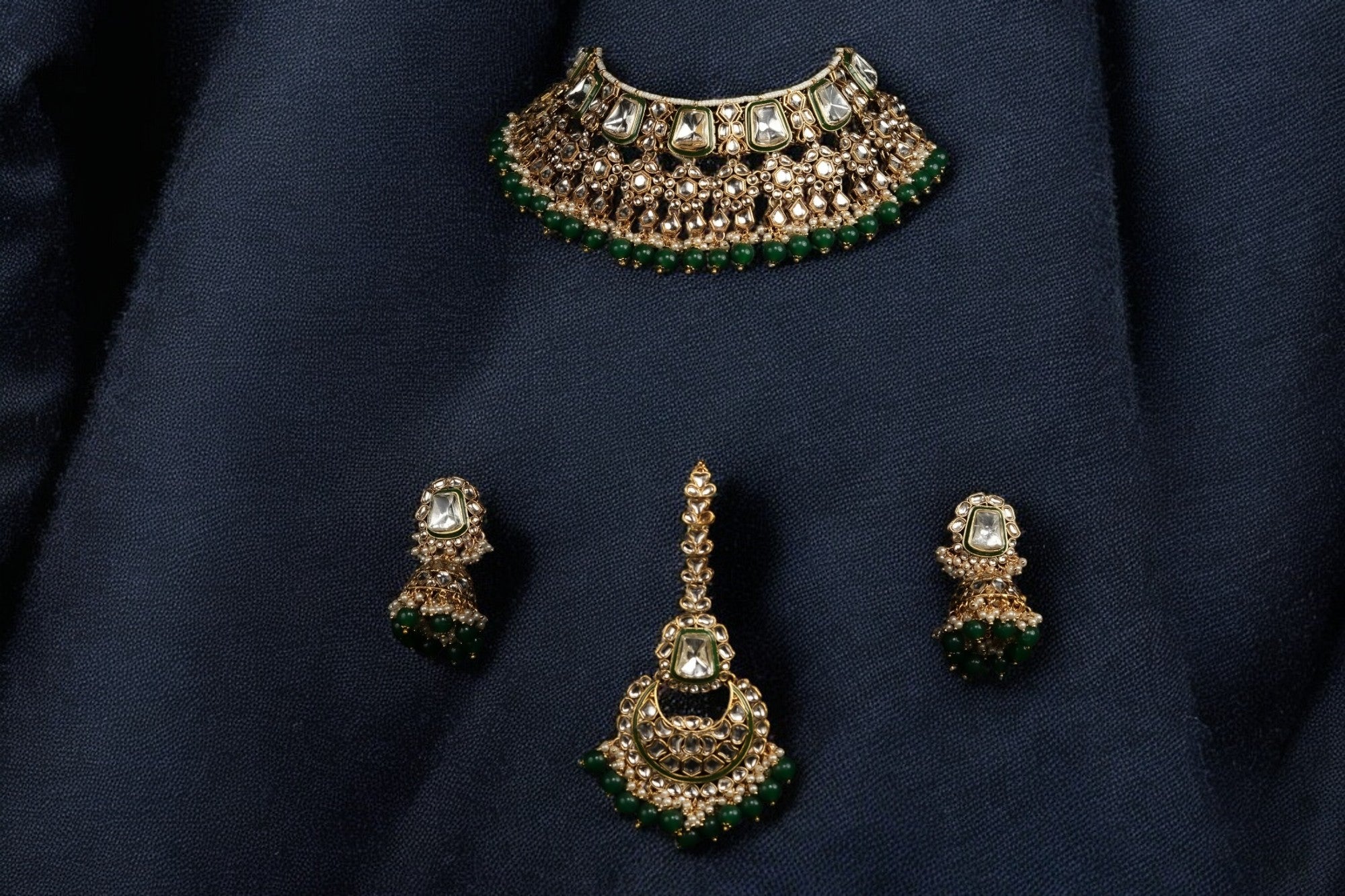 "AMIRA" Glass Green Emerald Kundan Set