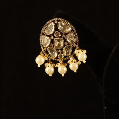 gold kundan earrings with dangling pearls