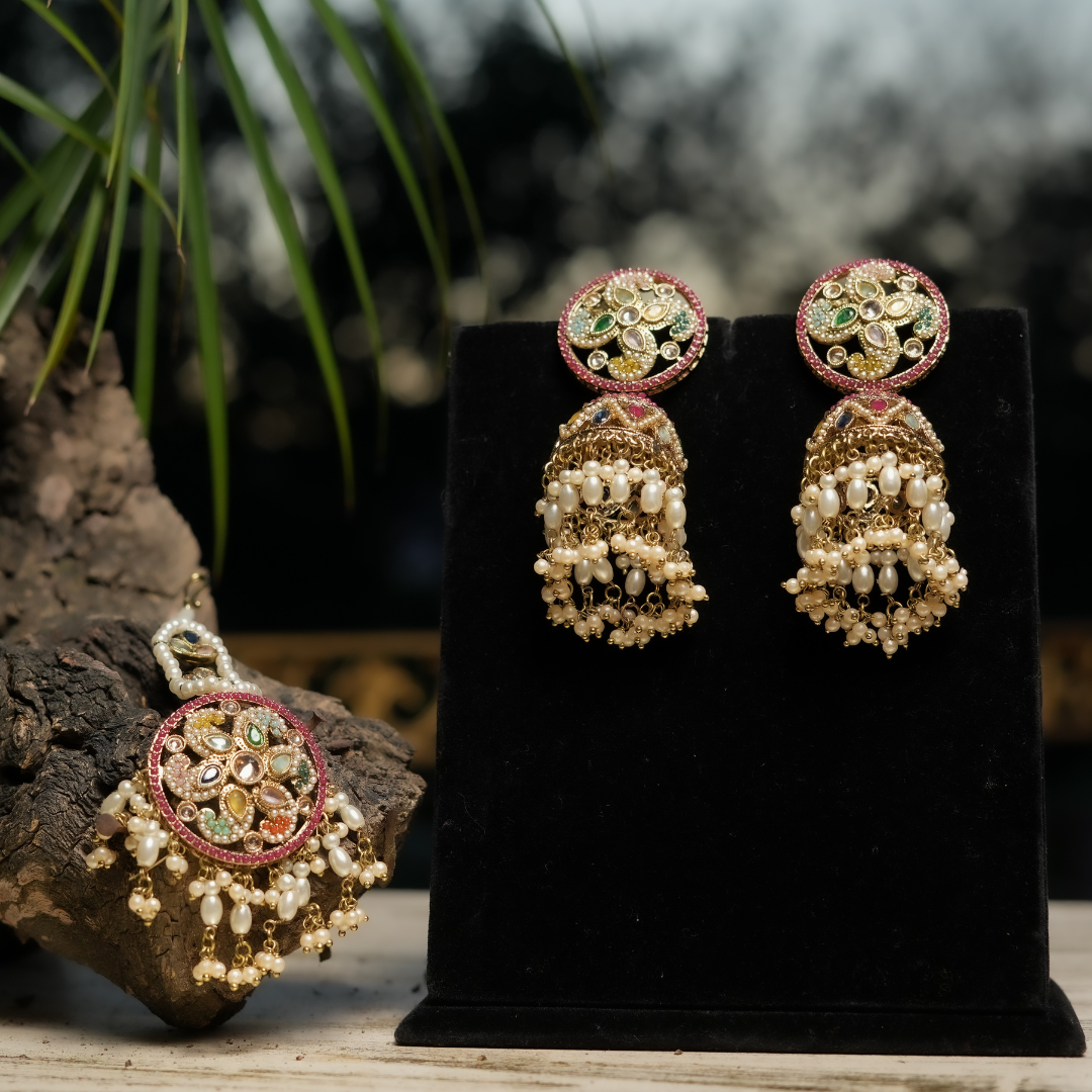 "AZURA" Ringed Red Earrings Tikka Set
