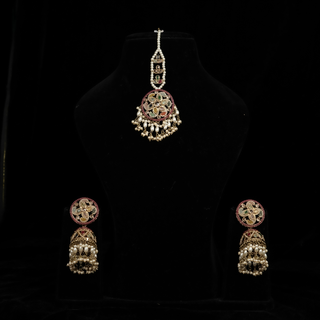 "AZURA" Ringed Red Earrings Tikka Set