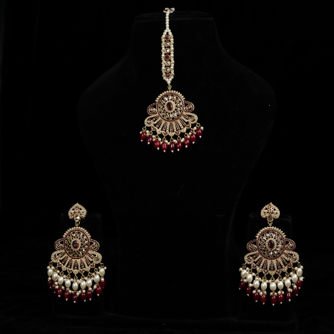"AZURA" Cherry Red Earrings Tikka Set