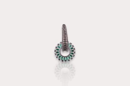 silver diamond earrings with emerald accents
