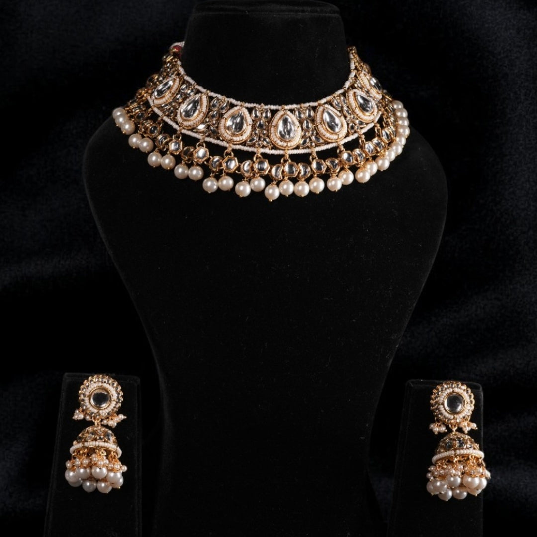 "AMIRA" White Pearl Kundan Necklace Set