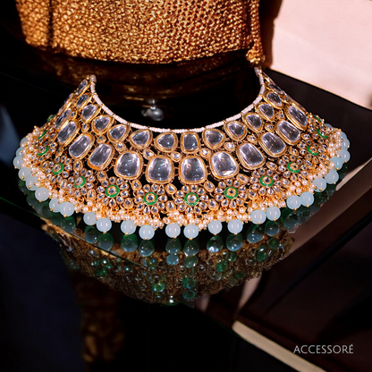 glass light blue kundan necklace with gold-colored metal work
